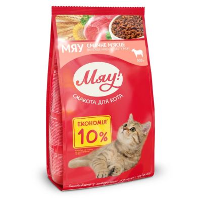 Сухий корм для дорослих котів Мяу 900 г - м'ясо