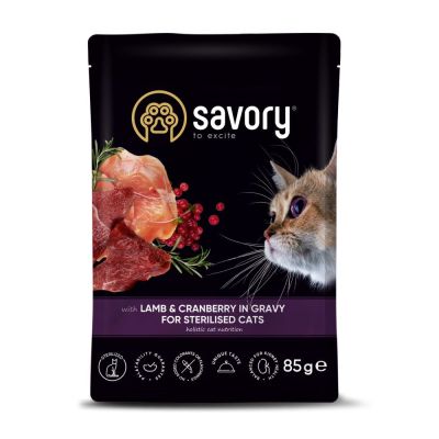 Вологий корм для стерилізованих котів Savory 85 г - ягня та журавлина