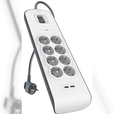 Сетевой фильтр Belkin 8 роз., 2xUSB 2.4A, 900 Дж, UL 500 В, кабель 2м