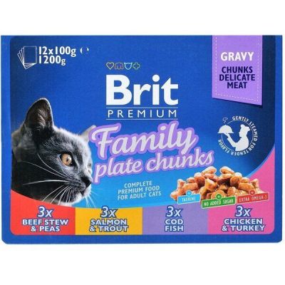 Влажный корм для котов Brit Premium Набор паучей семейная тарелка ассорти 4 вкуса 100г х 12шт