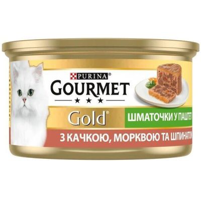 Влажный корм для кошек Gourmet Gold с уткой, морковью и шпинатом, кусочки в паштете 85 г