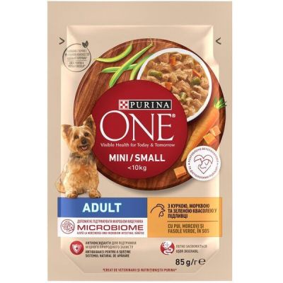 Влажный корм для взрослых собак мелких пород Purina One Mini Adult, в соусе, с курицей, морковью и зеленой фасолью 85г