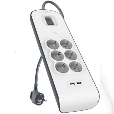 Сетевой фильтр Belkin 6 роз., 2xUSB 2.4A, 650 Дж, UL 500 В, кабель 2м