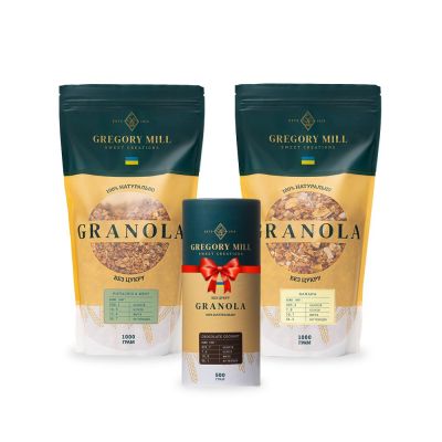 Набір граноли Pistachio & Mint, Banana 2 кг & Chocolate Coconut 500г у подарунок Gregory Mill