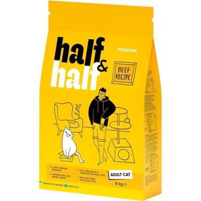 Сухой корм для взрослых котов Half&Half с говядиной 8кг
