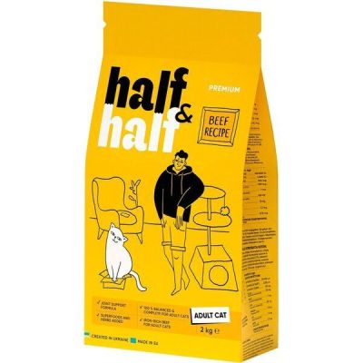 Сухой корм для взрослых котов Half&Half с говядиной 2кг