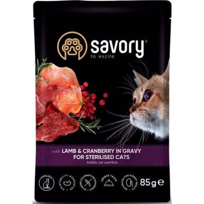 Влажный корм Savory для стерилизованных кошек, ягненок с клюквой в соусе, пауч, 85 г
