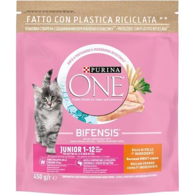 Сухой полнорационный корм для котят и беременных кошек Purina ONE Junior с курицей и цельными злаками 450 г