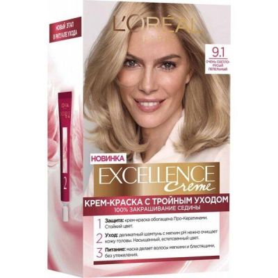 Стойкая крем-краска для волос L'Oreal Paris Excellence Creme 9.1 Очень светло-русый пепельный