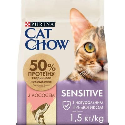 Сухой корм для взрослых кошек Purina Cat Chow Sensitive с чувствительной кожей и пищеварением с лососем 1.5 кг