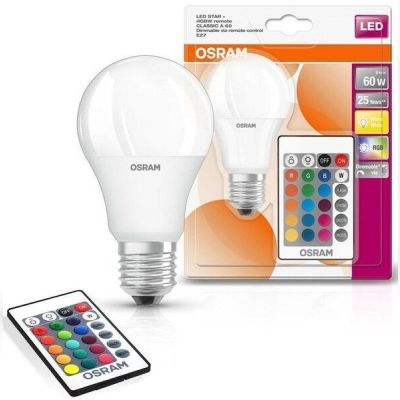 Лампа светодиодная OSRAM LED E27 9W 2700К+RGB 220V A60+пульт ДУ (4058075430754)