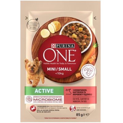Влажный корм для активных собак мелких пород Purina One Mini Active , в соусе, с говядиной, морковью и картофелем 85г