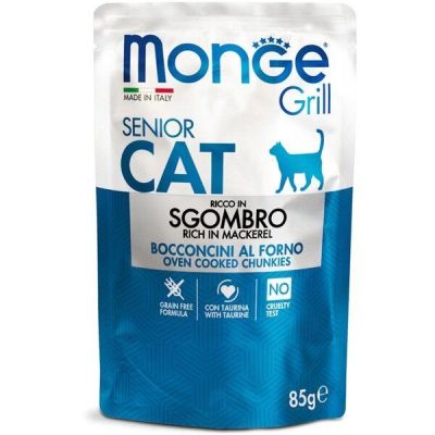 Влажный корм для кошек Monge Cat Grill Senior запеченные кусочки в соусе, с макрелью, 85 г