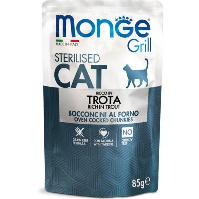 Влажный корм для стерилизованных кошек Monge Cat Grill Sterilised запеченные кусочки в соусе, с форелью 85 г