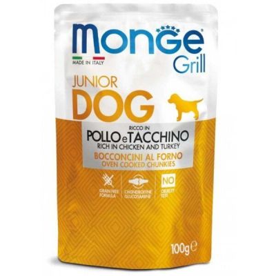 Влажный корм для щенков Monge Dog Grill Puppy&Junior запеченные кусочки в соусе, курица с индейкой, 100 г