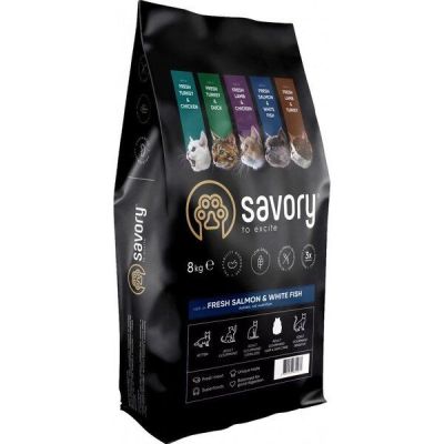 Сухой корм для длинношерстных кошек Savory со свежим лососем и белой рыбой 8кг