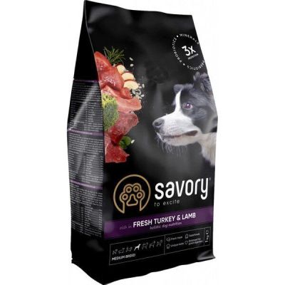 Сухой корм для собак средних пород Savory со свежим мясом индейки и ягненка 1кг