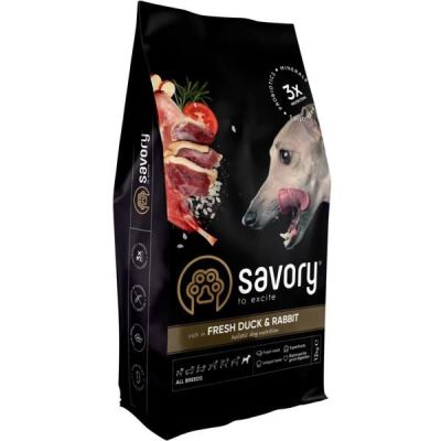 Сухой корм для собак всех пород Savory со свежим мясом утки и кроликом 12кг