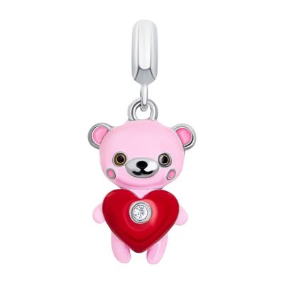 Кулон UmaUmi Ведмежатко з серцем із рожевою, червоною емаллю та фіанітом (2210000018334)