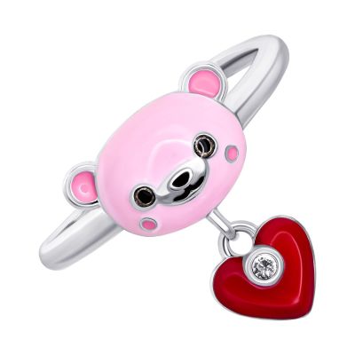 Каблучка UmaUmi Ведмежатко з серцем із рожевою, червоною емаллю та фіанітом (2210000018327)