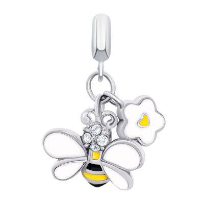 Кулон UmaUmi Flowers Бджілка з квіточкою з біло-жовтою емаллю та фіанітами (2210000018570)