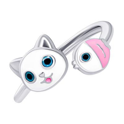 Каблучка UmaUmi Zoo Котик з рибкою із білою та рожевою емаллю (2210000019010)