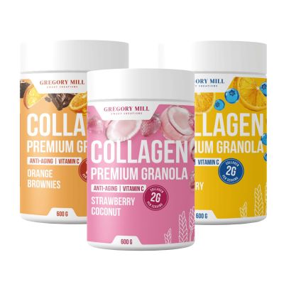 Набір граноли з колагеном Collagen Glow Set Lemon Blueberry, Strawberry Coconut та Orange Brownies, 1800 г, Gregory Mill