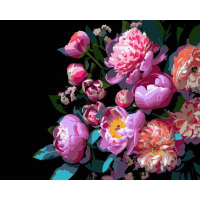 Картина за номерами Strateg Півонієподібні квіти на чорному фоні 40 х 50 см (AH1259)