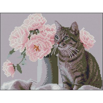 Алмазна картина Strateg Кіт з квітами 30 х 40 см (ZAV3040-59)