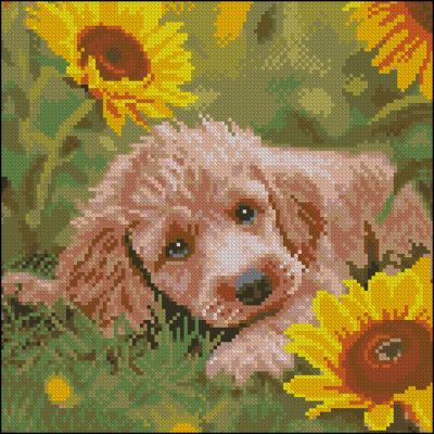 Алмазна картина Strateg Щеня в соняшниках 30 х 30 см (FZ3030-43)