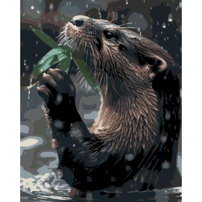 Картина за номерами Strateg Видра з листочком на чорному фоні 40 х 50 (AH1295)
